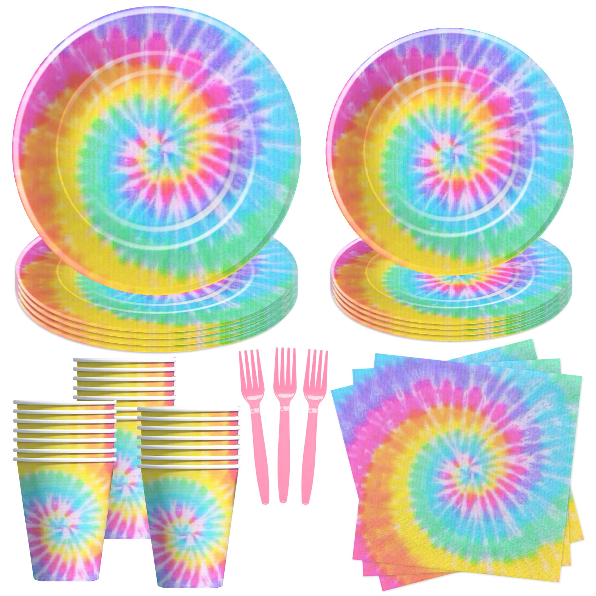 Xenorik Tie Dye Plates And Napkins Party Supplies - Pastel Tie Dye Party Decorations Tableware For Girl's 1st 2nd 3rd Birthday, Plate, Cup, Napkin, Fork, Tie Dye Baby Shower Decorations | Serve 24