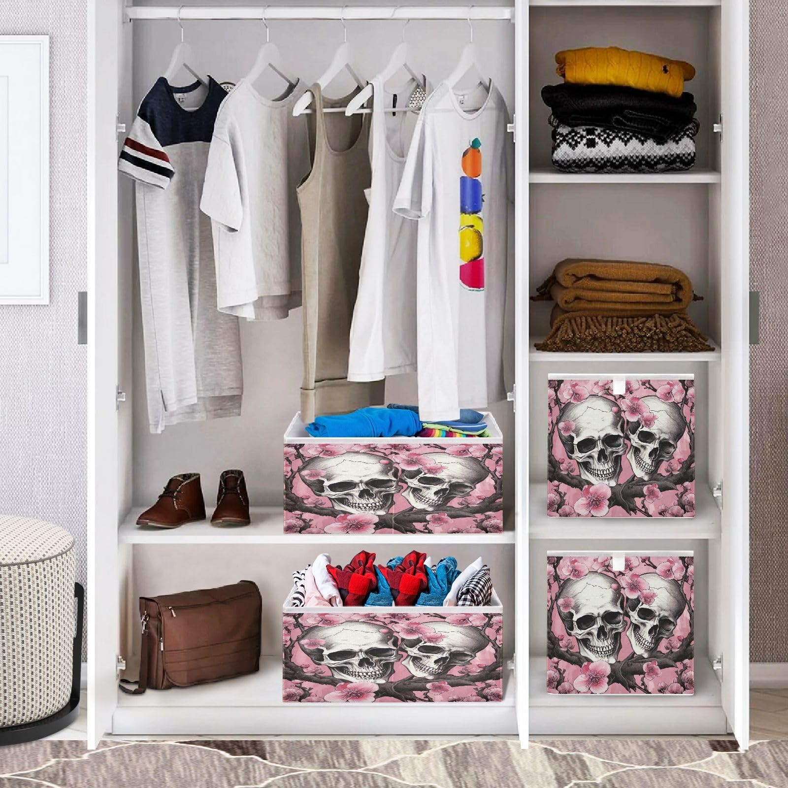 xigua Skull and Flowers Storage Basket Cubes 11In ,Foldable Fabric Bins Shelves Toy Storage Box Closet Organizers for Nursery,Utility Room, Storage Room656