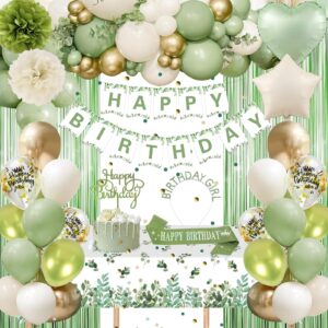 sage green birthday decorations, green gold balloons birthday party decorations happy birthday banner green fringe curtain tablecloth birthday crown sash paper pom poms for girls women birthday decor