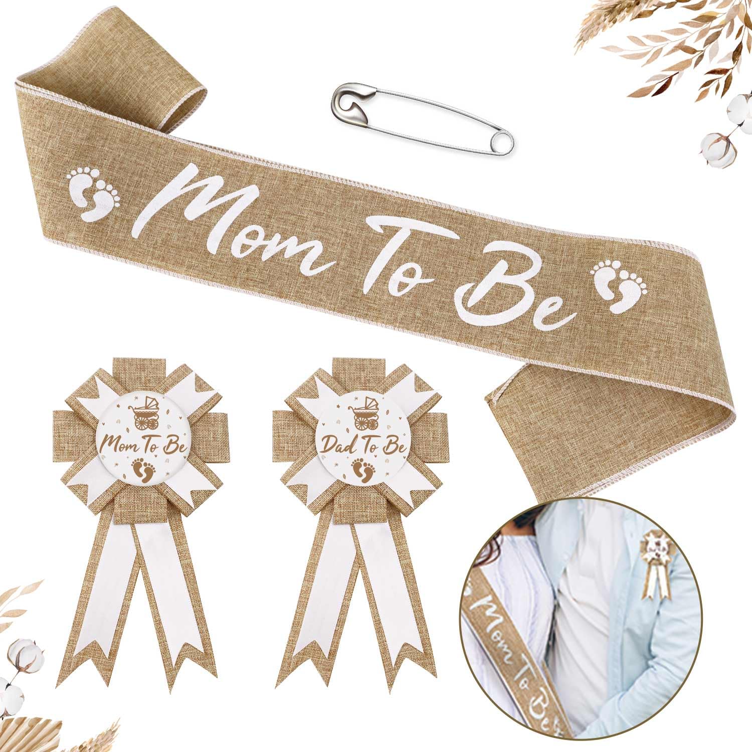 Lopeastar Neutral Burlap Mom to Be Sash Dad to Be Pin Baby Shower Decorations, Rustic Boho Mommy to Be Sash Baby Shower Corsage Pin Set for Pregnant Mommy Gift Party Decorations