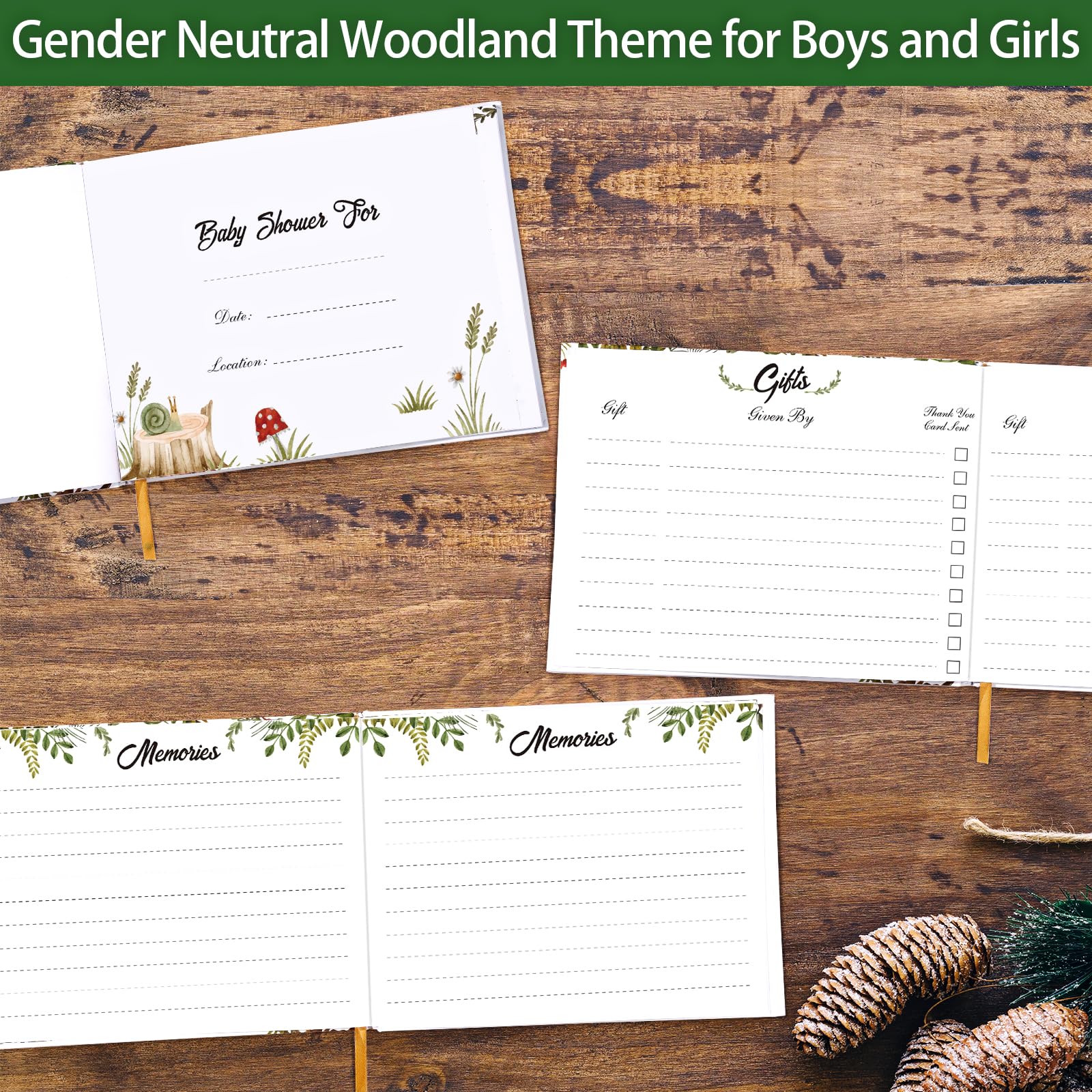 Baby Shower Guest Book for Boy or Girl, Hardcover Woodland Baby Shower Sign in Guest Book with Gold Pen, Gender Neutral Baby Shower Memory Book for New Parents and Expecting Mothers(7" x 9")