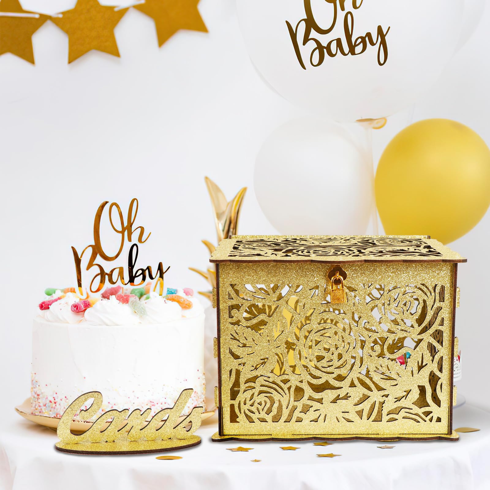 OurWarm Glittery Gold Wedding Card Box with Lock, Wood Gift Card Box for Wedding Reception, Wedding Money Honeymoon Fund Card Boxes for Baby Shower Birthday Graduation Party Rustic Wedding Decorations