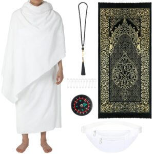 smoothnovelty 15 pcs ahram ihram ehram clothing for hajj and umrah for men include 2 pcs islamic clothing towel muslim prayer rug mat compass fanny pack prayer bead necklace pins for men ramadan gifts