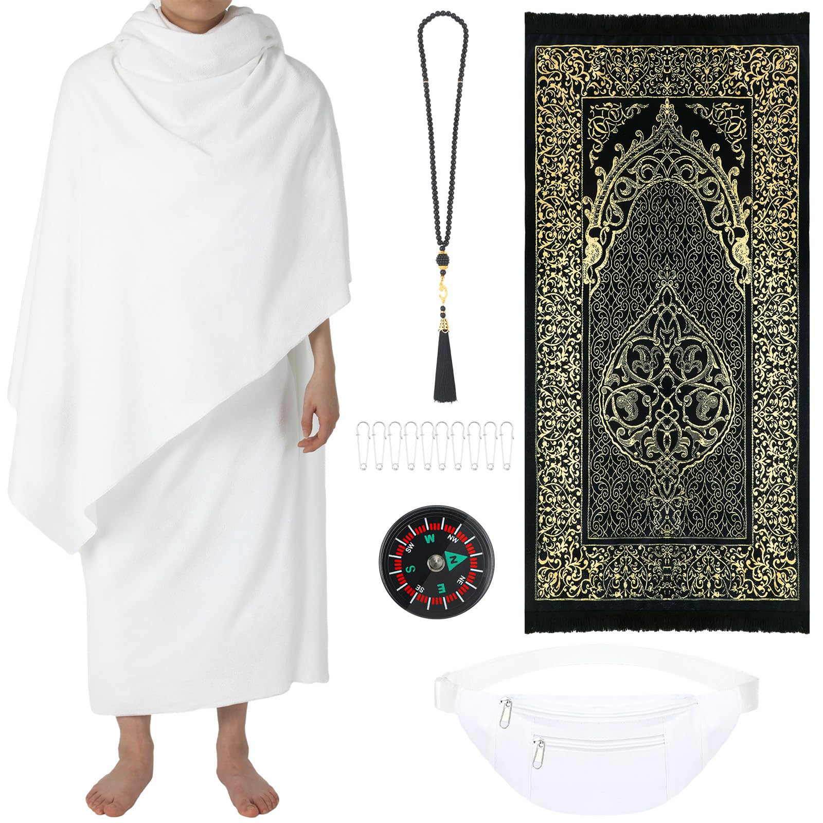 SmoothNovelty 15 Pcs Ahram Ihram Ehram Clothing for Hajj and Umrah for Men Include 2 Pcs Islamic Clothing Towel Muslim Prayer Rug Mat Compass Fanny Pack Prayer Bead Necklace Pins for Men Ramadan Gifts