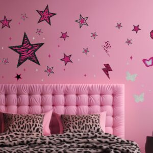 TwoDays 100PCS Y2K Room Decor Aesthetic Wall Decal, 2000s Mcbling Vinyl Peel and Stick Stickers for College Teen Girls Bedroom, Pink Stars Trashy Y2k Decorations for Women Apartment.