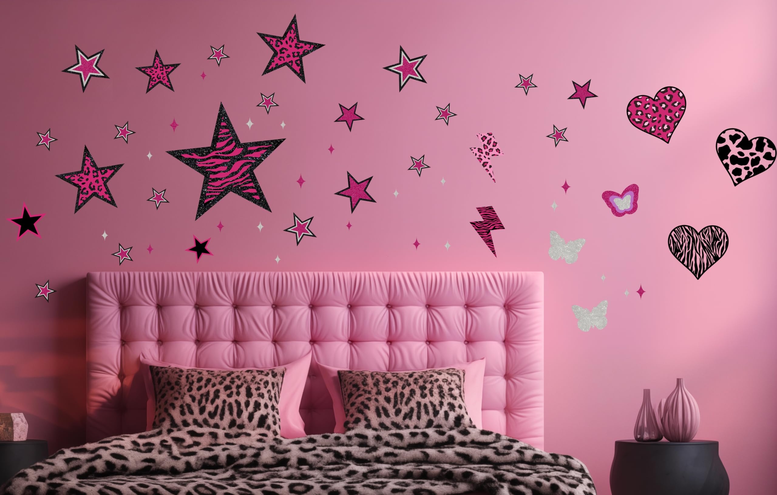 TwoDays 100PCS Y2K Room Decor Aesthetic Wall Decal, 2000s Mcbling Vinyl Peel and Stick Stickers for College Teen Girls Bedroom, Pink Stars Trashy Y2k Decorations for Women Apartment.