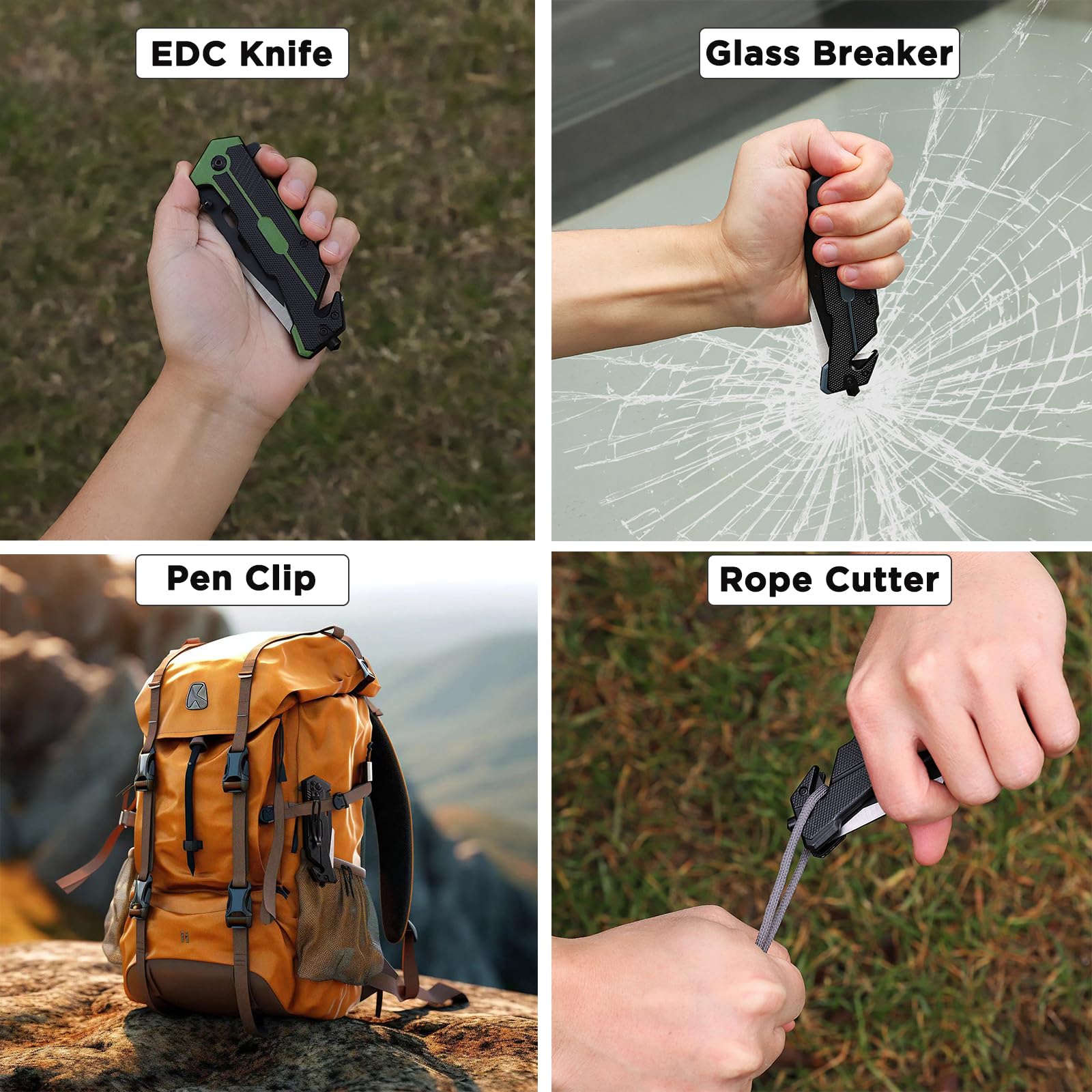 Augenweide EDC Folding Pocket Knife for men with Liner Lock - Utility Sharp Camping Knives with Clip, Seatbelt Cutter, Glass Breaker Multi Tool Knife for Outdoor Emergencies (Green)