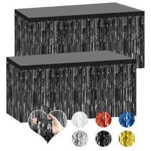 bouiexye 2 pack 29.5x108 inch black foil tinsel fringe table skirts, disposable table skirts for rectangle tables curtains backdrop parade wedding floats baby shower birthday mardi gras party