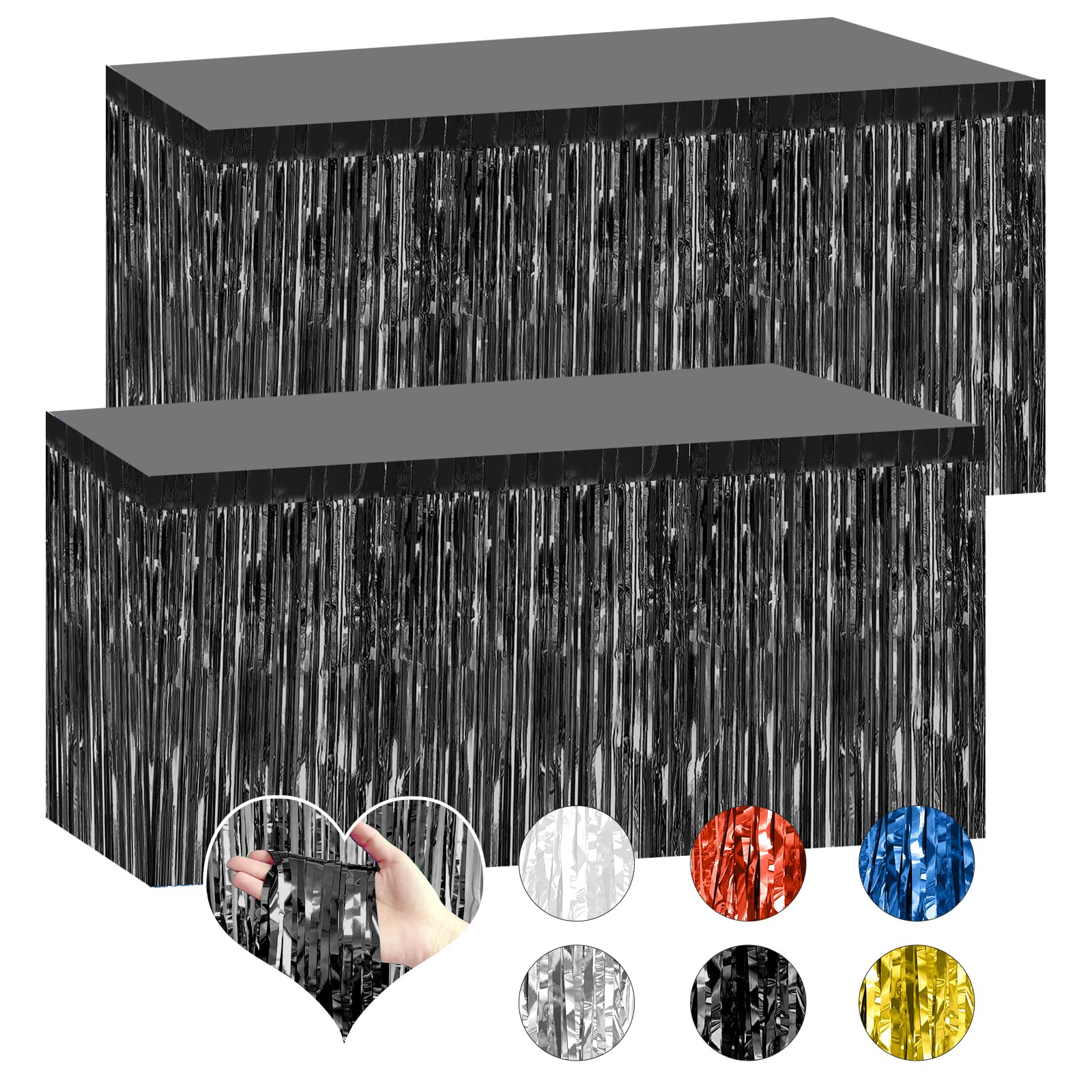 Bouiexye 2 Pack 29.5x108 Inch Black Foil Tinsel Fringe Table Skirts, Disposable Table Skirts for Rectangle Tables Curtains Backdrop Parade Wedding Floats Baby Shower Birthday Mardi Gras Party