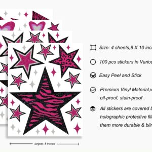 TwoDays 100PCS Y2K Room Decor Aesthetic Wall Decal, 2000s Mcbling Vinyl Peel and Stick Stickers for College Teen Girls Bedroom, Pink Stars Trashy Y2k Decorations for Women Apartment.