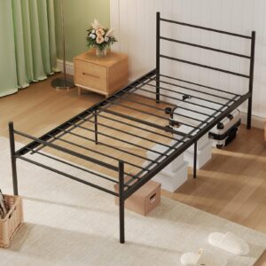 topfresh 14 Inch Twin Size Bed Frame with Headboard Heavy Duty Metal Platform Bed Frame Mattress Foundation Underbed Storage No Box Spring Needed Noise Free Foldable Bed Frame Black Sturdy Steel