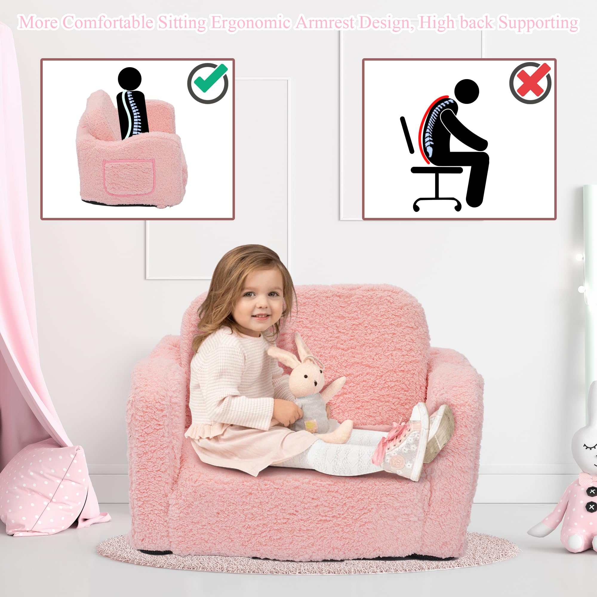 MISHAO Toddler Couch 2-in-1 Foldable Kids Sofa Couch Chair w/Removable Cover, Baby Comfy Pull Out Sofa Armchair to Lounger Sleeper Bed w/Side Pockets for Boys & Girls (Sherpa Pink)