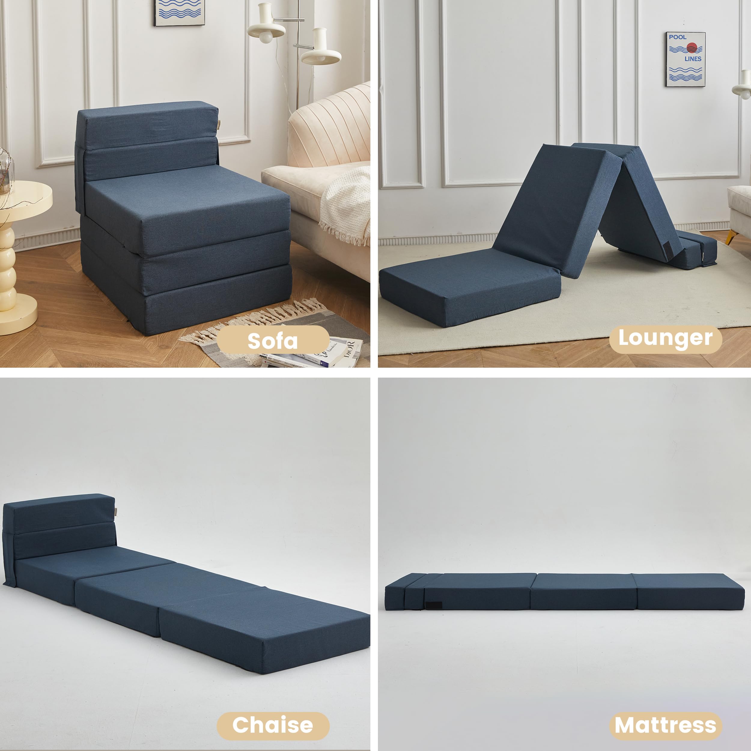 Simple&Opulence Folding Sofa Bed, Convertible Chair & Sleeping Mattress,Modern Floor & Futon Couch for Living Room/Dorm/Guest Room/Home/Office/Apartment, Navy Blue