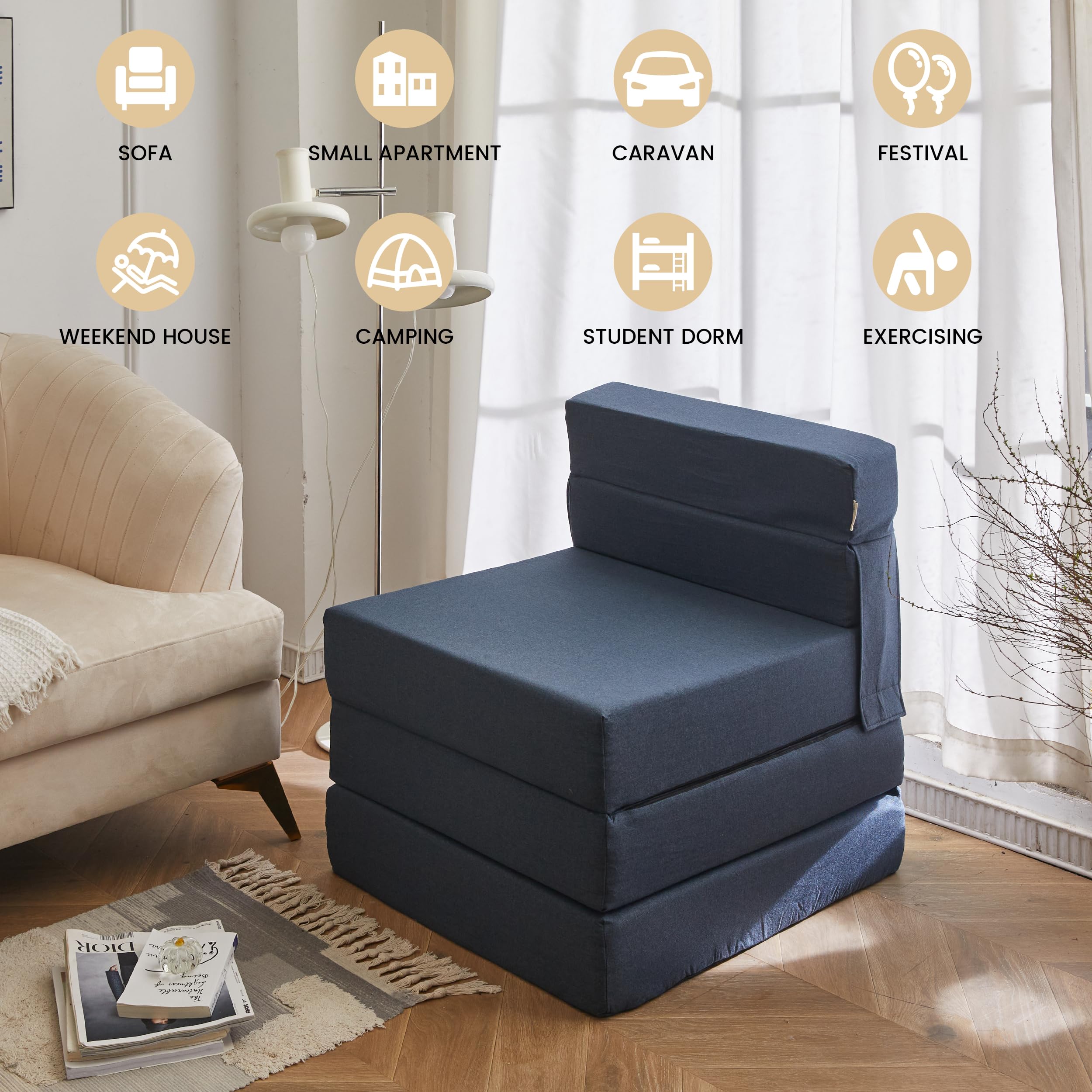 Simple&Opulence Folding Sofa Bed, Convertible Chair & Sleeping Mattress,Modern Floor & Futon Couch for Living Room/Dorm/Guest Room/Home/Office/Apartment, Navy Blue