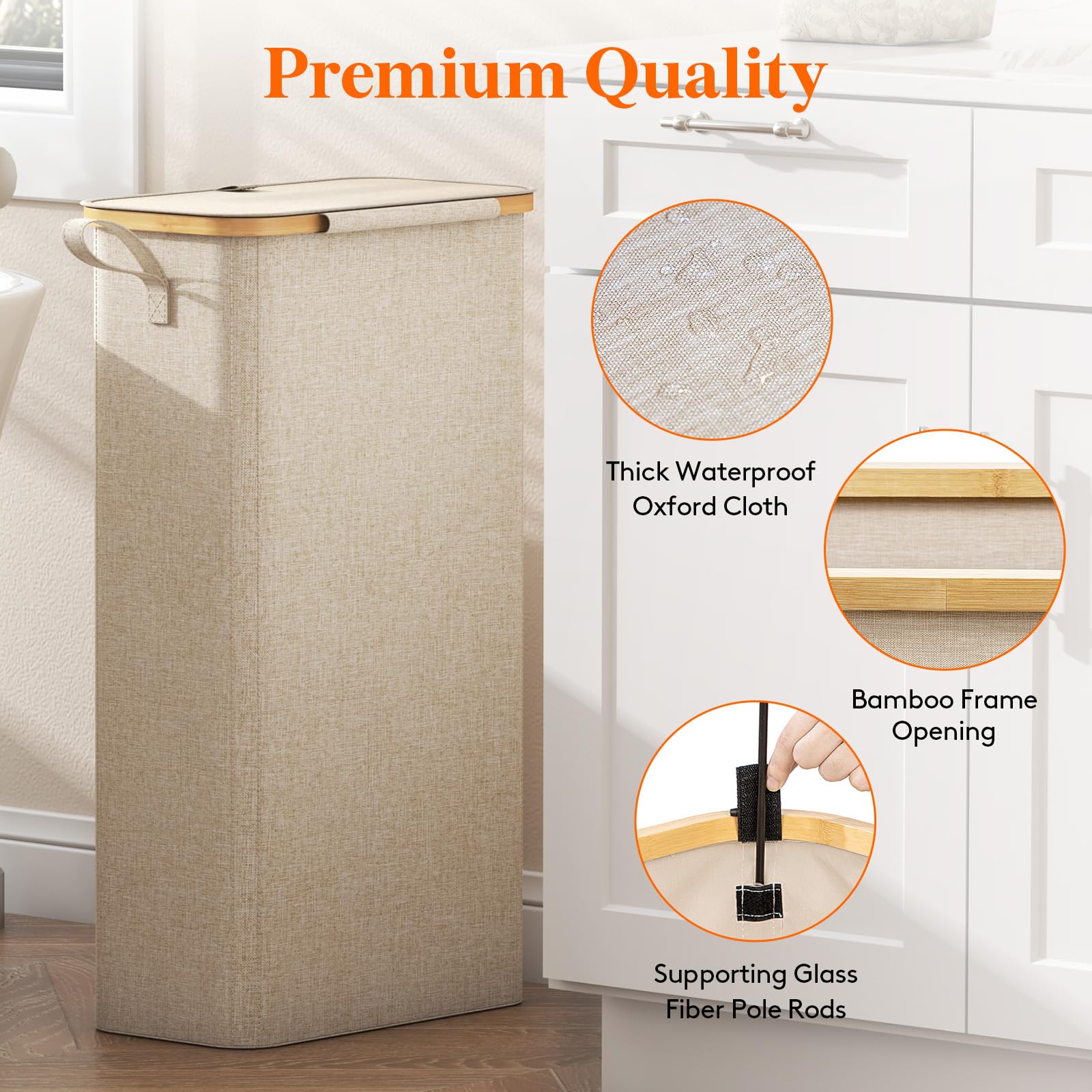 Lifewit 65L Slim Laundry Hamper with Lid, Narrow Laundry Basket with Removable Bag & Bamboo Handles, Fodable Thin Dirty Clothes Hamper for Laundry Collapsible Bin for Bathroom Bedroom Dorm, Beige