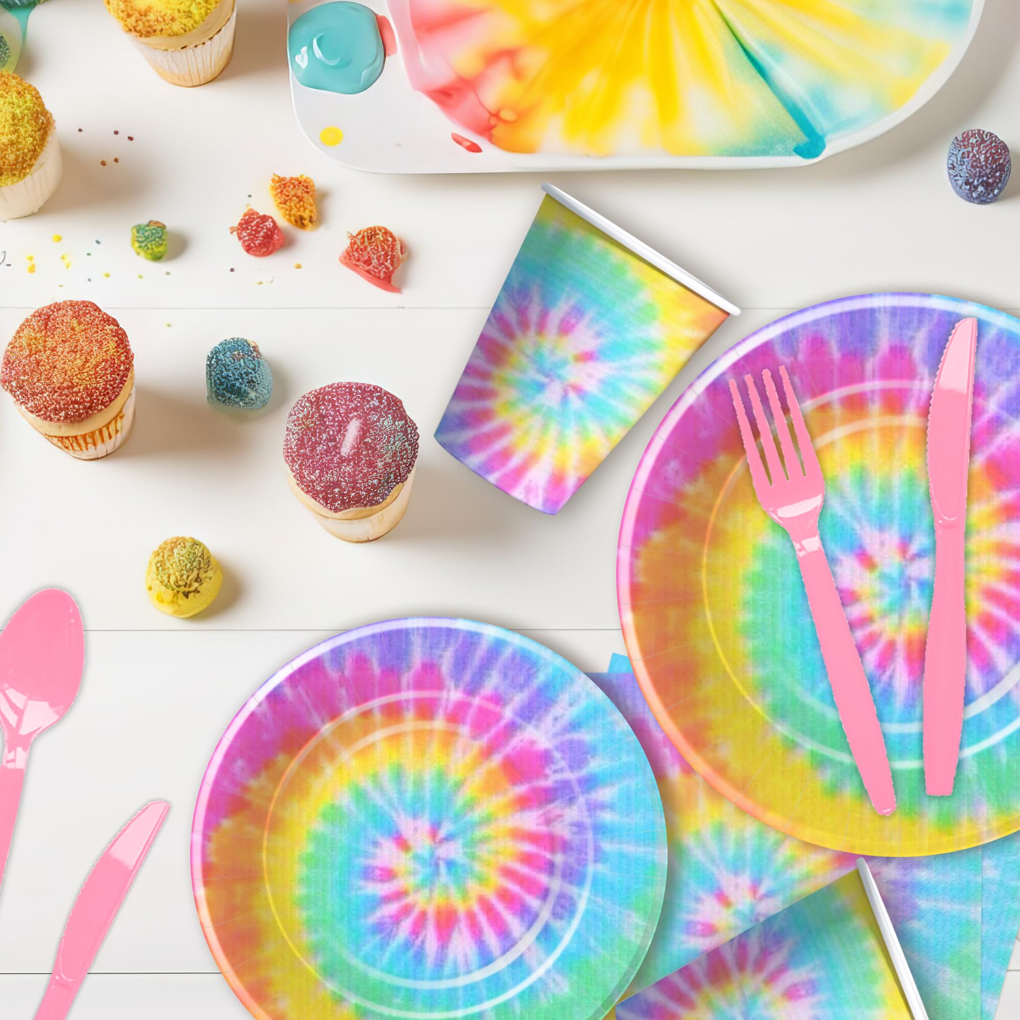 Xenorik Tie Dye Plates And Napkins Party Supplies - Pastel Tie Dye Party Decorations Tableware For Girl's 1st 2nd 3rd Birthday, Plate, Cup, Napkin, Fork, Tie Dye Baby Shower Decorations | Serve 24