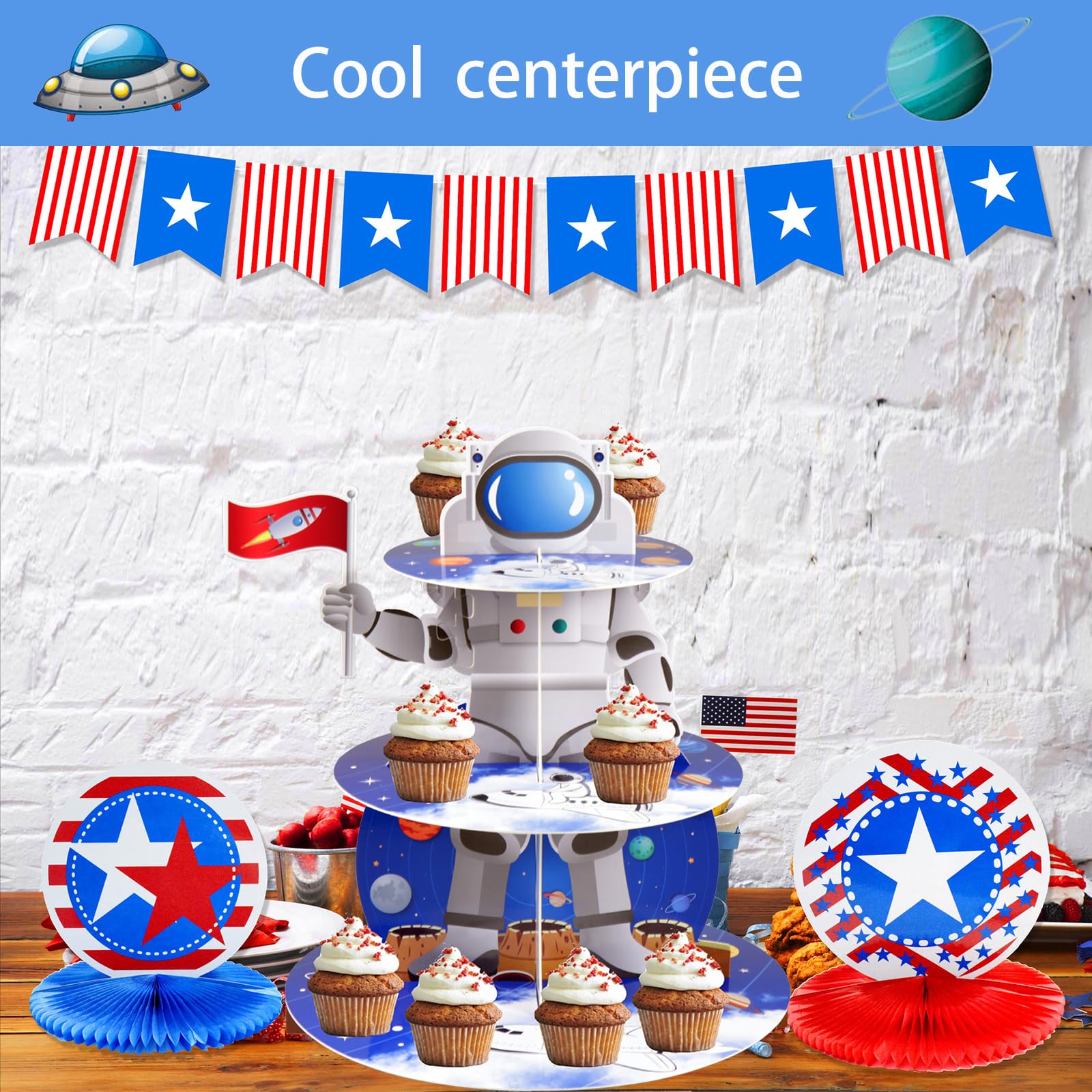 Airduan Space Astronaut Cupcake Stand Space Themed Birthday Party Decorations 3-Tier Cardboard Cupcake Holder stand Galaxy Style Dessert Tower Display for Party Supplies