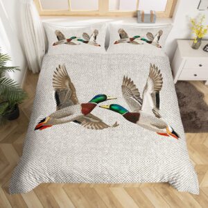 mallard duck bedding set queen wild animal comforter cover, grey honeycomb bed set lake wildlife duvet cover, modern geometric hexagon bedspread cover hunting theme home decor 3pcs (zipper closure)