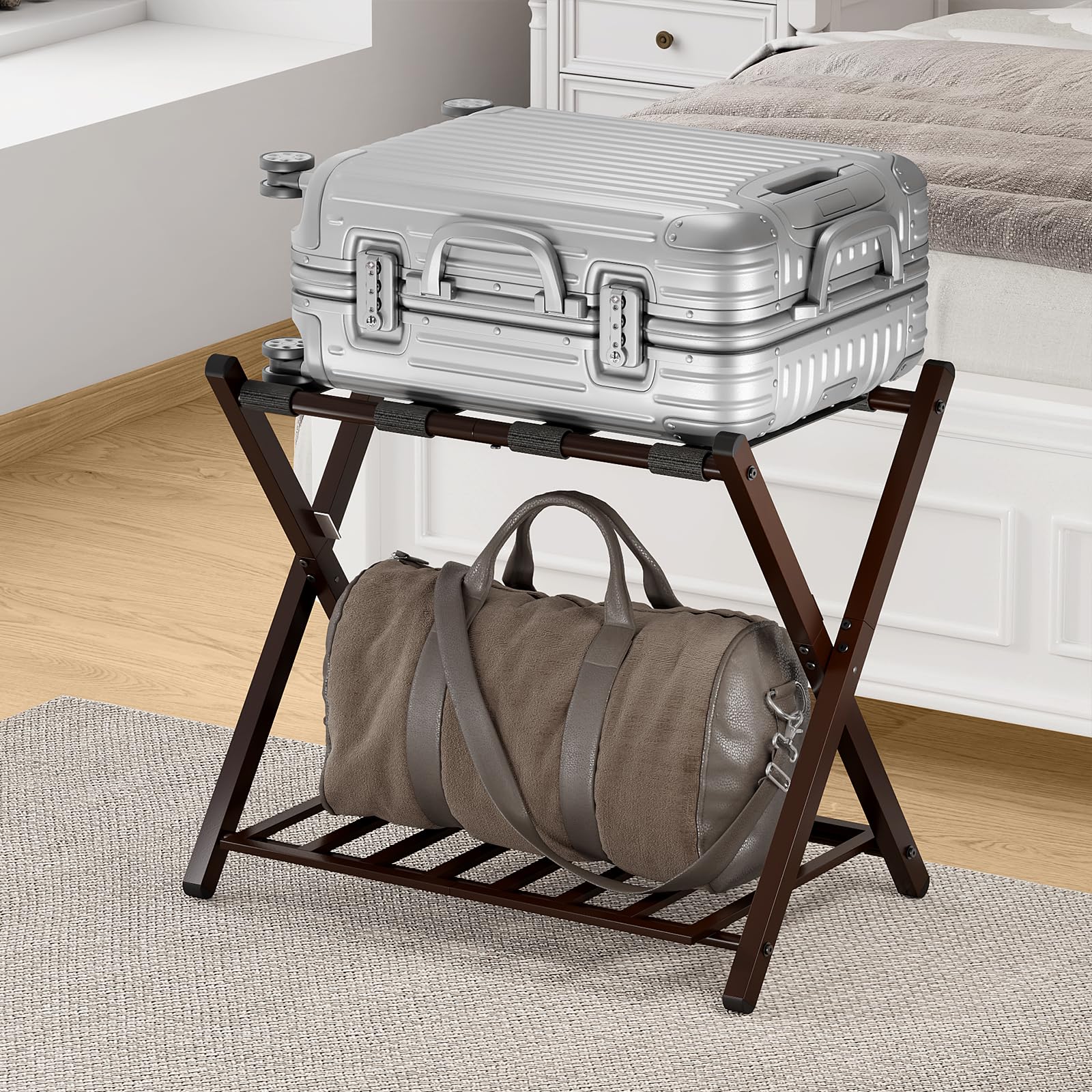 Folding Luggage Rack for Guest Room, Foldable Luggage Suitcase Stand with Unique Magnetic Locking ＆ Steel Shelf, Per Tier Hold up to 150 lb, Luggage Holders for Guest Room Bedroom Hotel, Brown, 1 Pack