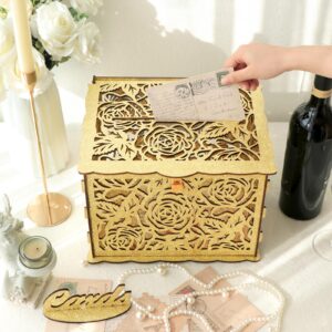 OurWarm Glittery Gold Wedding Card Box with Lock, Wood Gift Card Box for Wedding Reception, Wedding Money Honeymoon Fund Card Boxes for Baby Shower Birthday Graduation Party Rustic Wedding Decorations