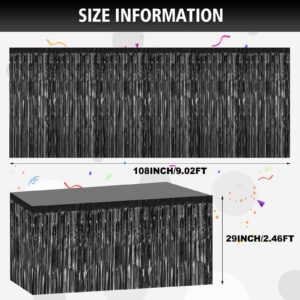 Bouiexye 2 Pack 29.5x108 Inch Black Foil Tinsel Fringe Table Skirts, Disposable Table Skirts for Rectangle Tables Curtains Backdrop Parade Wedding Floats Baby Shower Birthday Mardi Gras Party