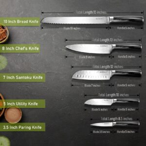 KUMIKO Kitchen Knife Set Black, Cooking Knife Set Professional, Ultra Sharp High Carbon Stainless Steel Knives (7Cr17MOV), 5 Piece Knife Set