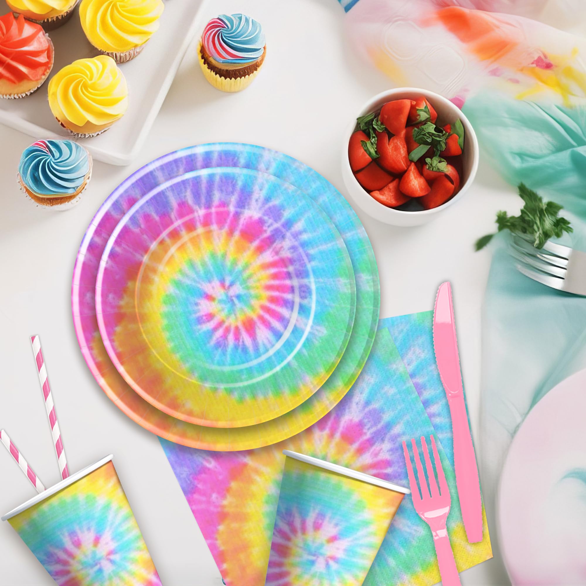 Xenorik Tie Dye Plates And Napkins Party Supplies - Pastel Tie Dye Party Decorations Tableware For Girl's 1st 2nd 3rd Birthday, Plate, Cup, Napkin, Fork, Tie Dye Baby Shower Decorations | Serve 24