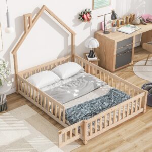 lostcat full size floor bed frame with fence & door, montessori floor bed with house-shaped headboard, floor bed for kids boys girls, easy assembly, natural