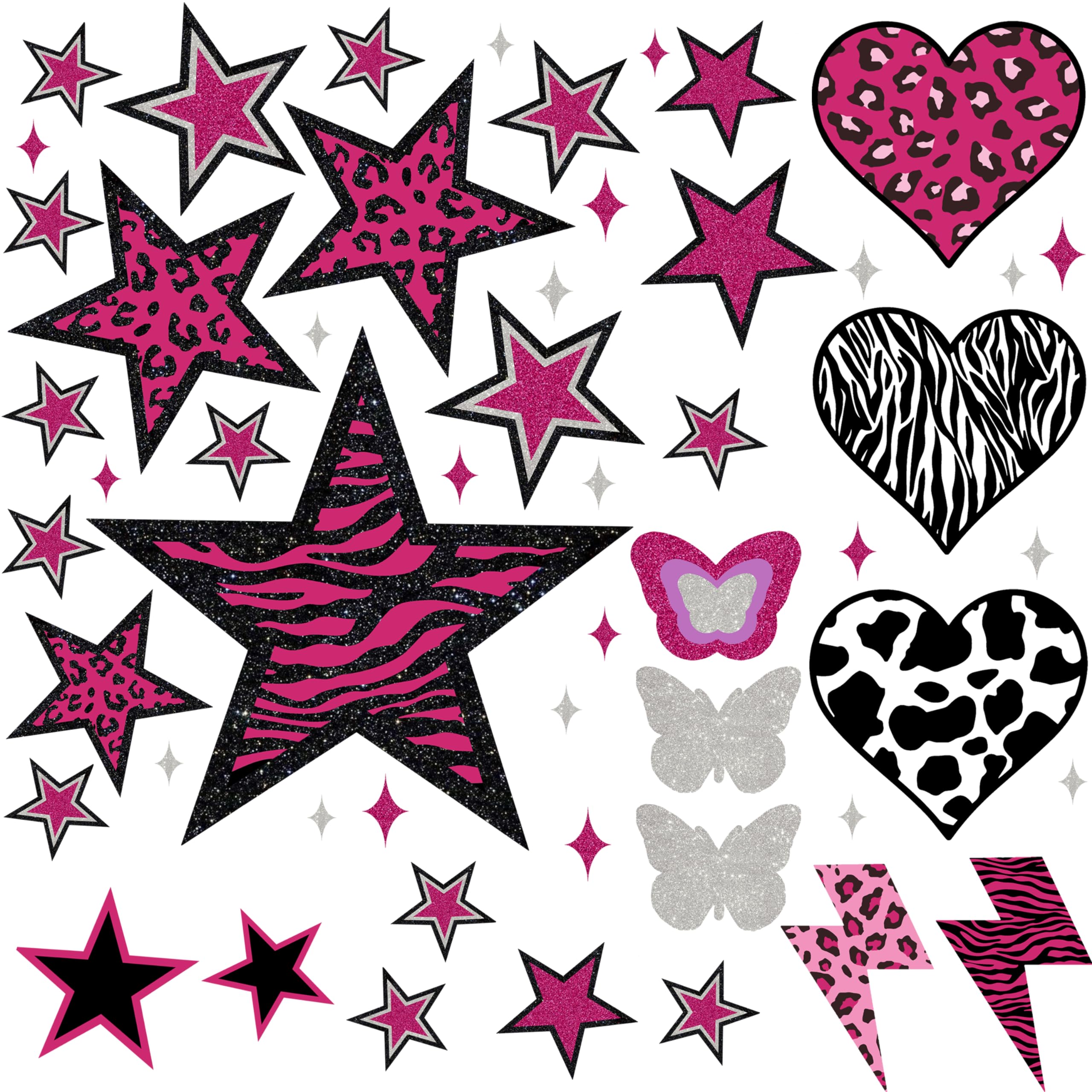 TwoDays 100PCS Y2K Room Decor Aesthetic Wall Decal, 2000s Mcbling Vinyl Peel and Stick Stickers for College Teen Girls Bedroom, Pink Stars Trashy Y2k Decorations for Women Apartment.