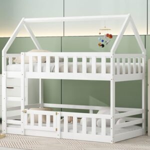 rorigat house low bunk bed for kids,twin over twin floor bunk bed with fence railings and door,wooden convertible playhouse loft beds with ladder for boys girls teens,white