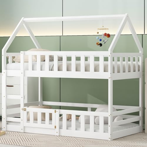 RORIGAT House Low Bunk Bed for Kids,Twin Over Twin Floor Bunk Bed with Fence Railings and Door,Wooden Convertible Playhouse Loft Beds with Ladder for Boys Girls Teens,White