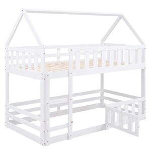 RORIGAT House Low Bunk Bed for Kids,Twin Over Twin Floor Bunk Bed with Fence Railings and Door,Wooden Convertible Playhouse Loft Beds with Ladder for Boys Girls Teens,White