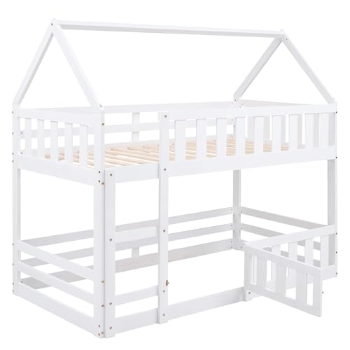 RORIGAT House Low Bunk Bed for Kids,Twin Over Twin Floor Bunk Bed with Fence Railings and Door,Wooden Convertible Playhouse Loft Beds with Ladder for Boys Girls Teens,White