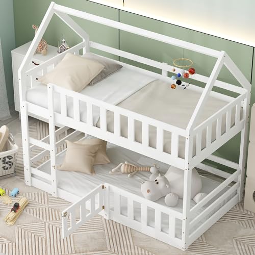 RORIGAT House Low Bunk Bed for Kids,Twin Over Twin Floor Bunk Bed with Fence Railings and Door,Wooden Convertible Playhouse Loft Beds with Ladder for Boys Girls Teens,White