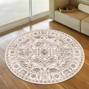 fortsea round rug 6ft washable area rug, vintage rug indoor floor cover print distressed, multi circle rug 6x6 chenille accent rug, kitchen living room bedroom dining room (brown and beige, 6x6)……