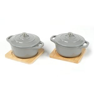 enameled cast iron mini round cocotte set, 0.5qt mini dutch ovens with lids and bamboo trays, dia.4.8 inch, set of 2, grey