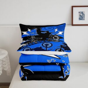 Erosebridal Boys Dirt Bike Bedding Sets Twin Motocross Comforter Set Dirtbike Room Decor for Boys Kids Girls Adult,Rider Motorcycle Bed Set Cool Extreme Sports Comforter Sets 2Pcs,Blue Black