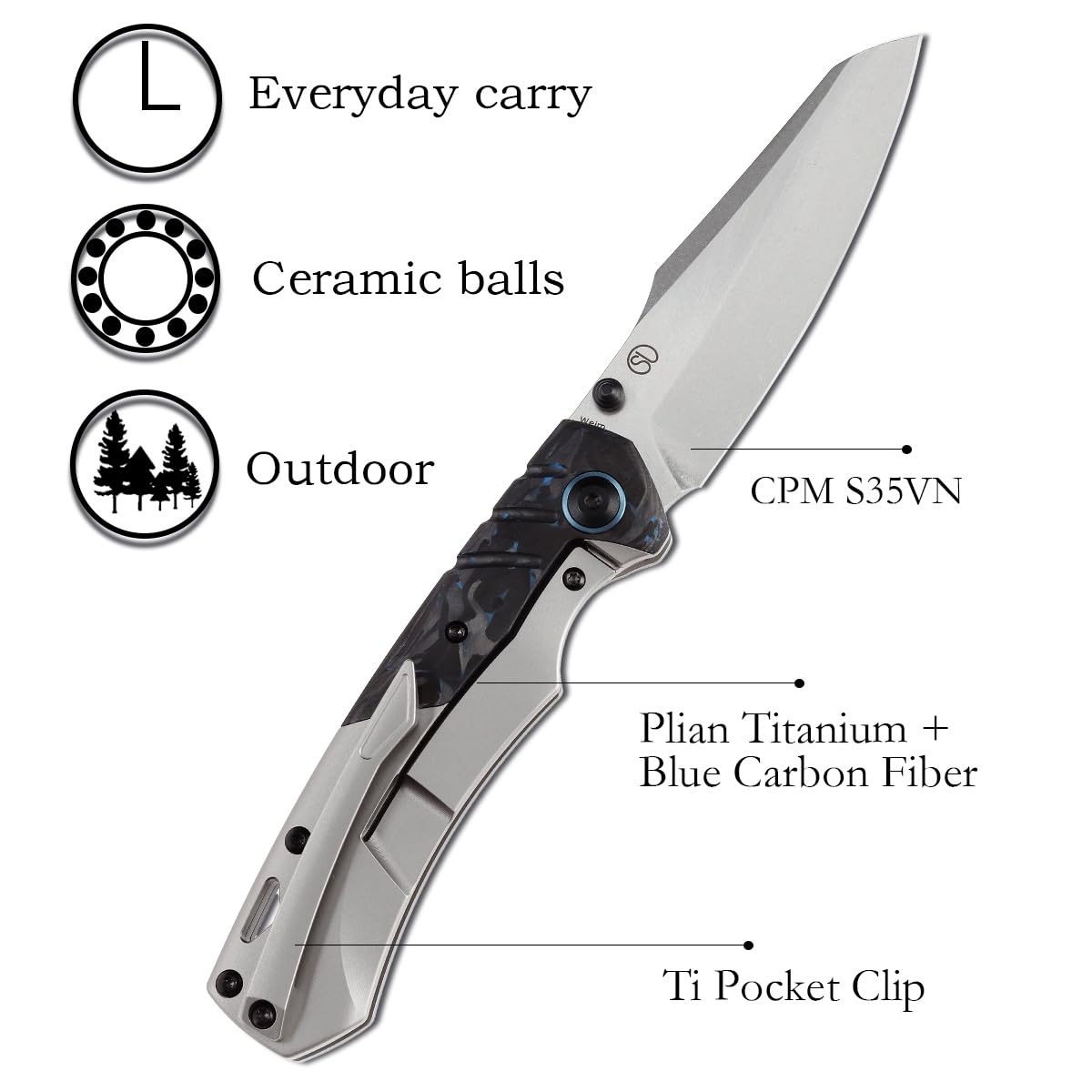 KANSEPT Weim Pocket Folding Knives for Men EDC Camping Folding Knife 3.28'' Stonewashed CPM S35VN Material Pocket Folding Knife with Plian Titanium + Blue Carbon Fiber Handle K1051A4