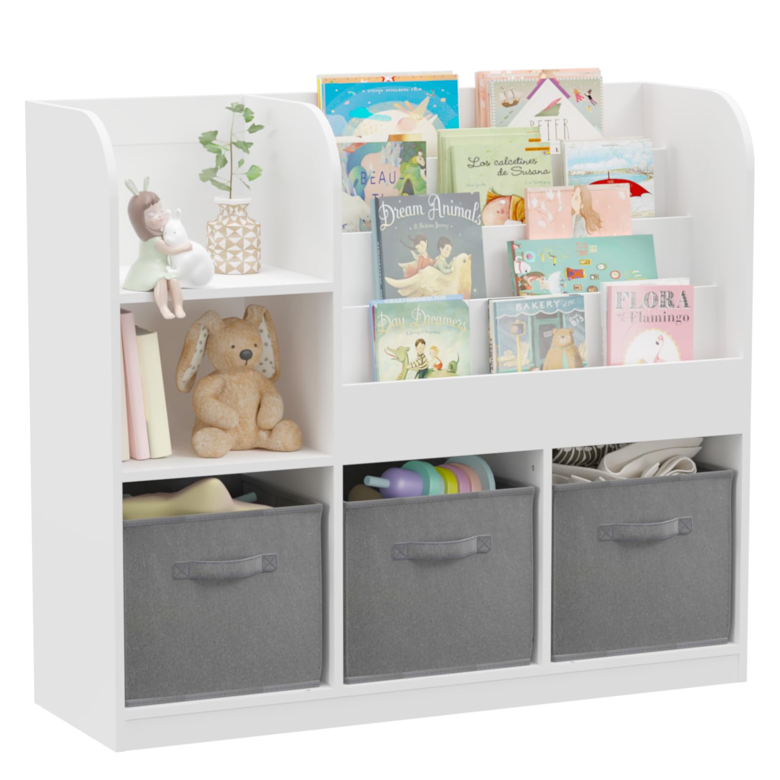 Jardin-Monde Kids Bookcase and Bookshelf. Toy Organizer Shelves with 3 Collapsible Fabric Drawers and Multi-Layer Bookshelf for Nursery, Bedroom and Playroom