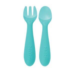 nuby silicone easy grip fork & spoon set, 12+m in aqua