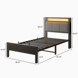 FOUBAM Twin Size Bed Frame with LED Lights and Charging Station, Bed with Storage Headboard,Heavy Duty Metal Slats Support,Mattress Foundation Easy Assembly(Black)