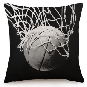 hyzuimei basketball enthusiasts theme pillow cases boys girls room present throw pillow cover ，18 x 18 inch black linen cushion cover, for bedroom bed outdoor car couch sofa