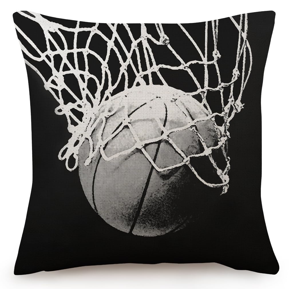 HYZUIMEI Basketball Enthusiasts Theme Pillow Cases Boys Girls Room Present Throw Pillow Cover ，18 X 18 Inch Black Linen Cushion Cover, for Bedroom Bed Outdoor Car Couch Sofa