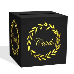 black card box for party, 8.7" leaf gold foil design gift cards receiving box holder for wedding, bridal shower, graduation, birthday, retirement, baby shower, anniversaries party decorations