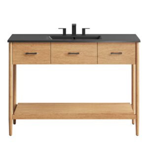 Modway Zaire 48” Mid-Century Single Bathroom Vanity Washstand in Natural Black with Ceramic Sink Basin, 48 Inches