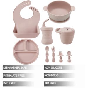 PandaEar Silicone Baby Feeding Set | 9PCS Baby Led Weaning Supplies Self Feeding Utensils | Divided Suction Plate Bowl Bibs Sippy Cup with Baby Snack Container Spoons Forks (Pink)