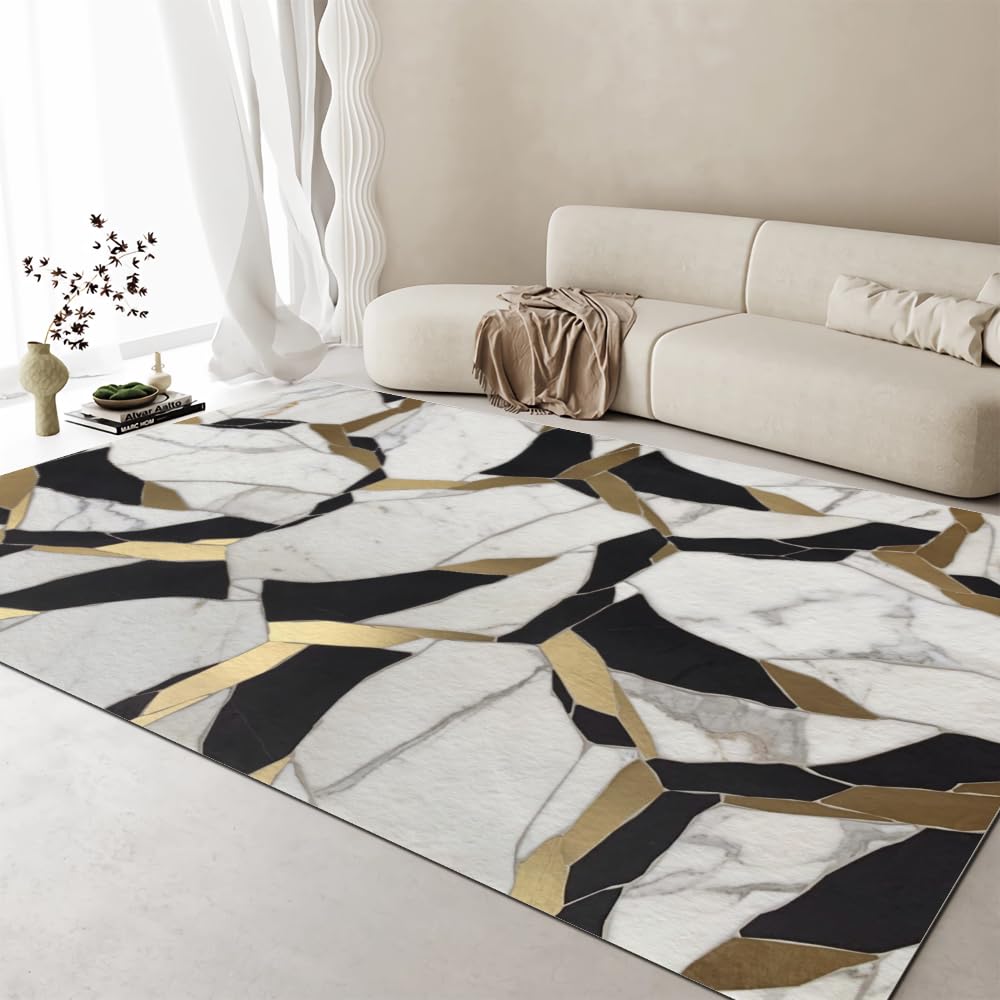 White Black Gold Pattern Area Rugs, Marble Luxury Fashion Floor Carpet for Bedroom, Non Slip Washable Office Rug for Living Room Dining Room and Office 6' x 9'