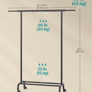 SONGMICS Clothes Rack, Clothing Rack for Hanging Clothes with Wheels, Garment Rack with Extendable Hanging Rail, 99 lb Total Max. Load, 15.7” x 32.7”-47.2” x 61.4”, Ink Black UHSR134B01