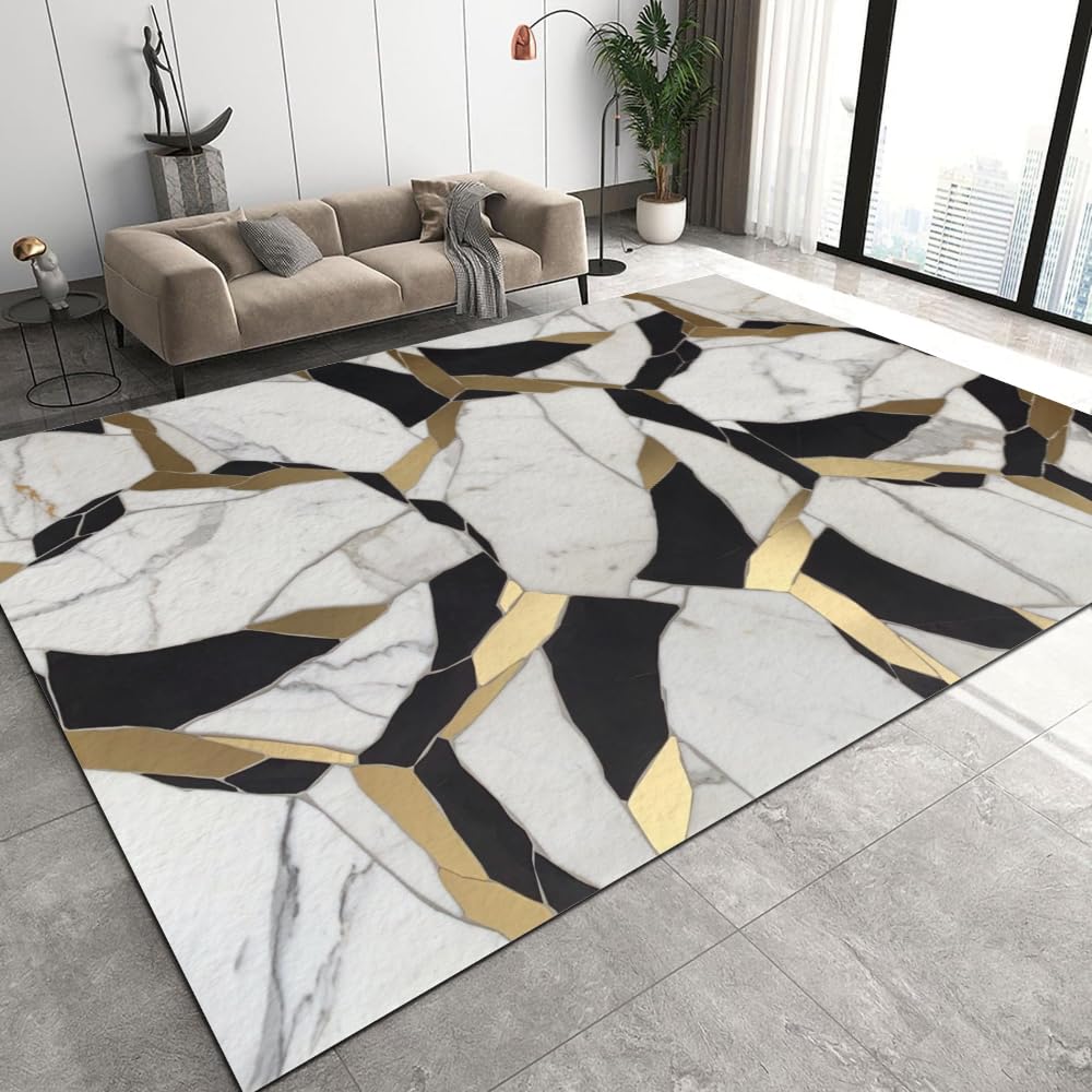 White Black Gold Pattern Area Rugs, Marble Luxury Fashion Floor Carpet for Bedroom, Non Slip Washable Office Rug for Living Room Dining Room and Office 6' x 9'