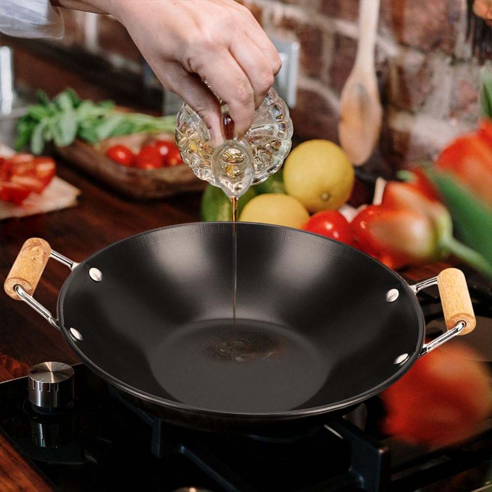 PRETYZOOM Flat Bottom Wok 30cm Carbon Wok Canton Style Frying Pan with Double Handle Multipurpose Cooking Pot